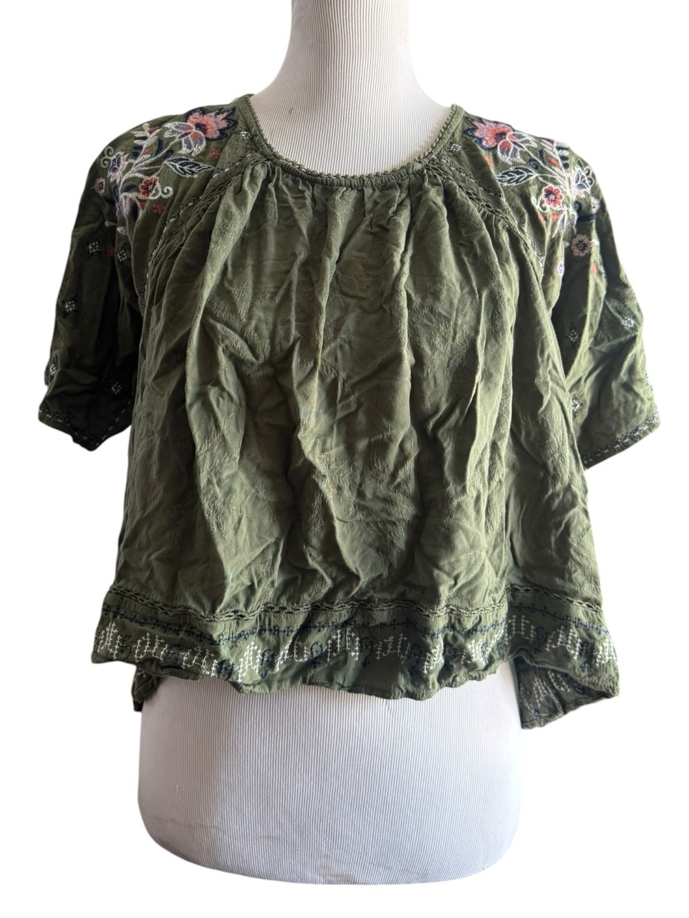 Knox Rose Olive Green Embroidered Peasant Blouse Size S